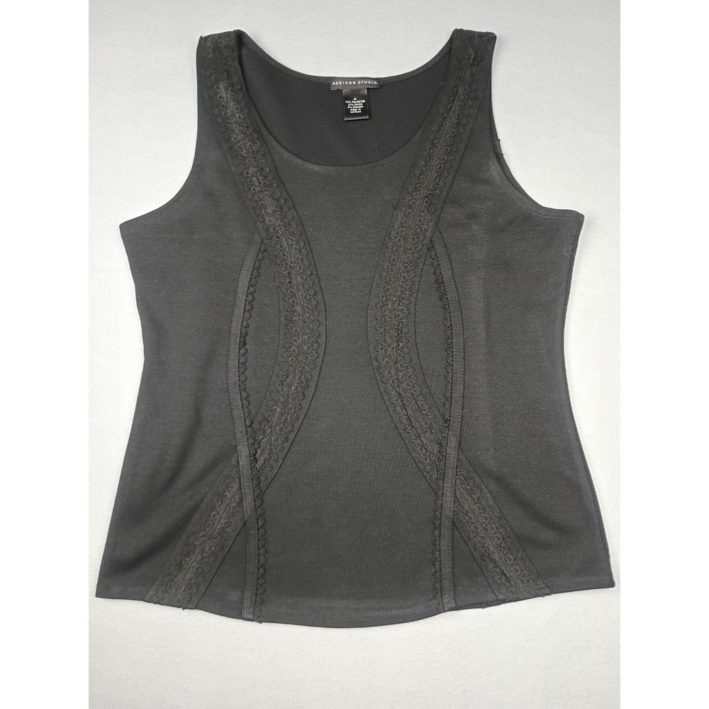 Madison Studio Womens Black Lace Trim Sleeveless Knit Top Tank Scoop Neck M